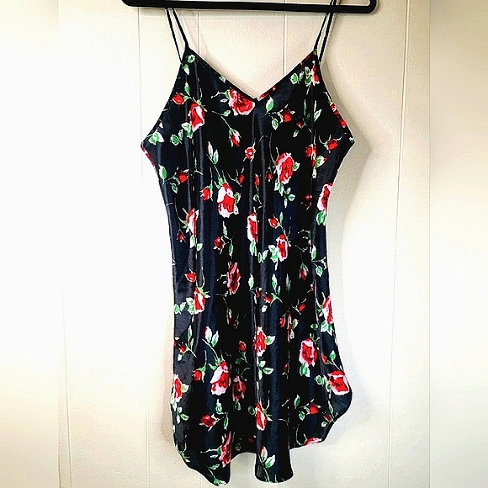 Vintage Dentelle Medium Black Red Floral Slip Dress Nightgown 80s